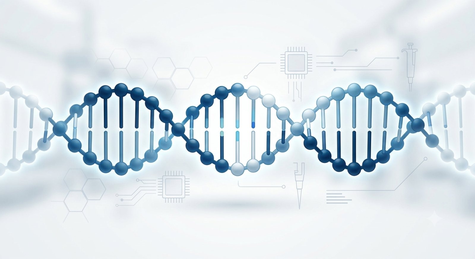 A DNA double helix rendered over laboratory instrumentation