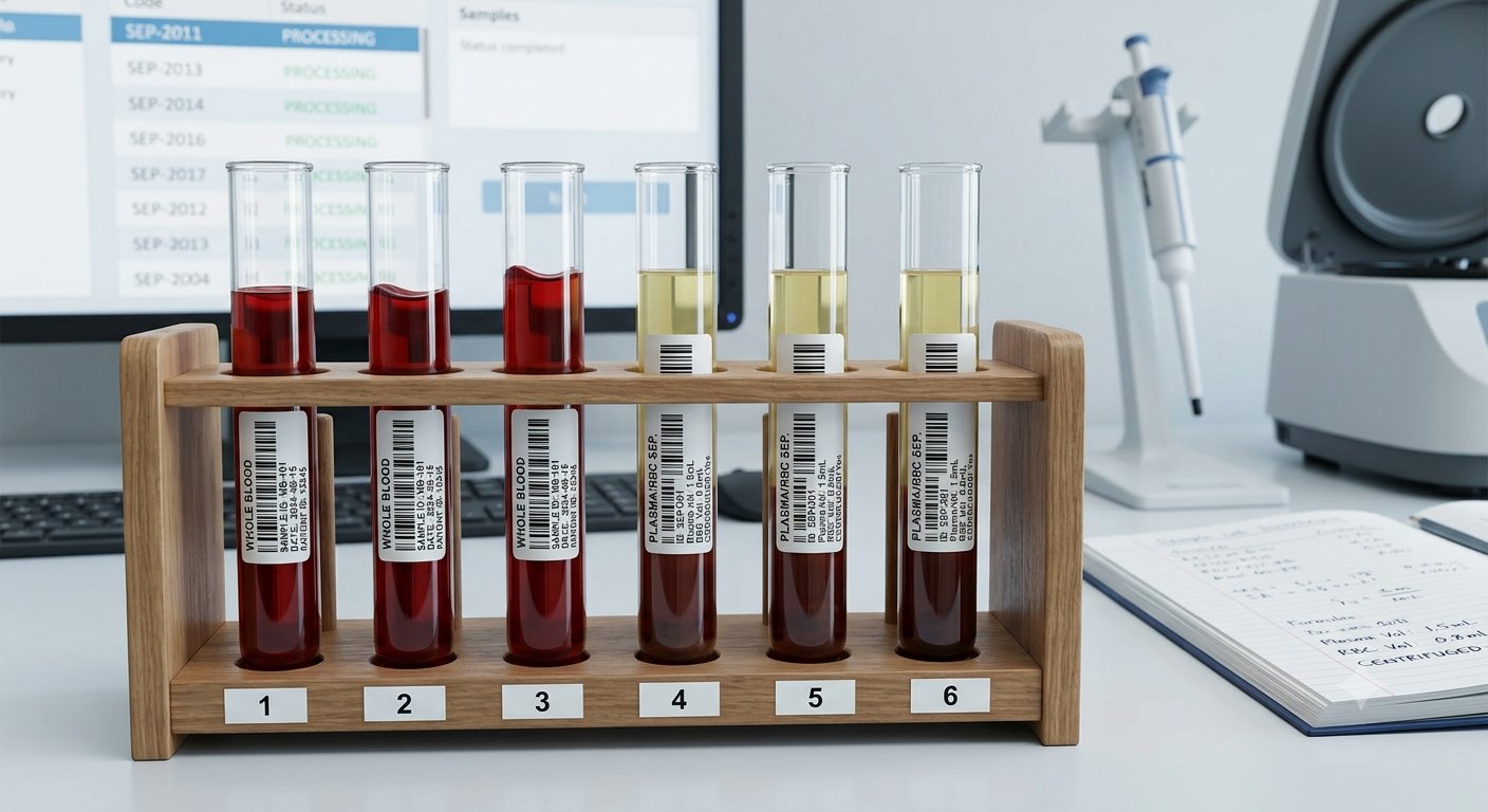 A rack of six barcoded specimen tubes — whole blood and separated plasma — on a laboratory bench