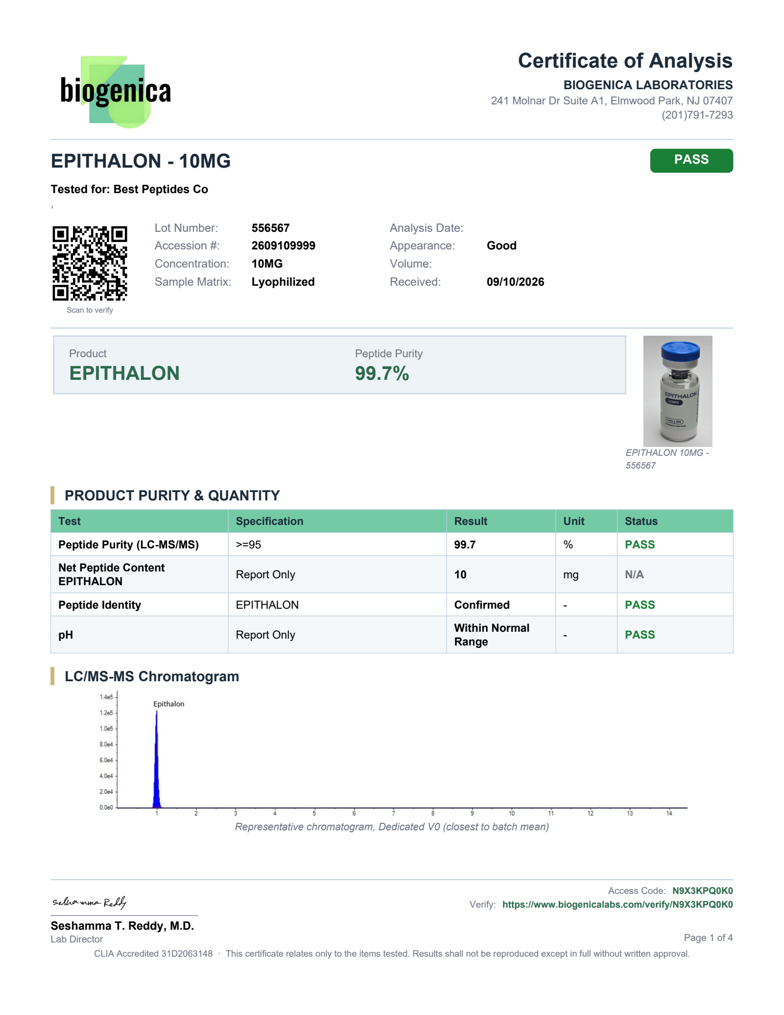 Example Biogenica certificate of analysis: purity, net peptide content, identity and pH results for a 10mg lyophilized peptide, with a QR code for verification